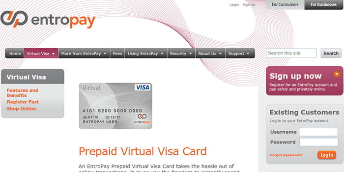 EntroPay Virtual Prepaid Visa Card Page